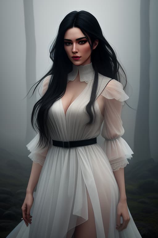  A slender young . Black hair is flowing freely in the wind. Green eyes. There is fog in the background, a gloomy atmosphere hyperrealistic, full body, detailed clothing, highly detailed, cinematic lighting, stunningly beautiful, intricate, sharp focus, f/1. 8, 85mm, (centered image composition), (professionally color graded), ((bright soft diffused light)), volumetric fog, trending on instagram, trending on tumblr, HDR 4K, 8K