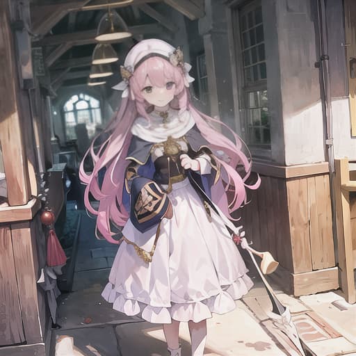  master piece , best quality,Light purple semi long hair, white dress, red balled walking stick, medieval town, gentle smile