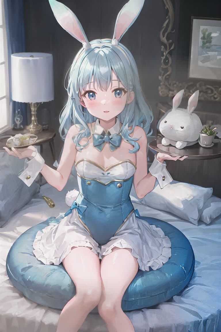  master piece , best quality,Magical , light blue hair, dreamy, stuffed rabbit, fluffy 