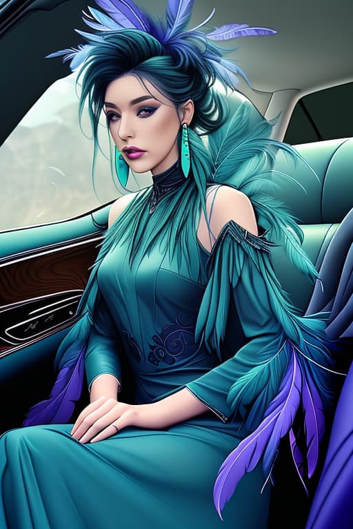  interior car with black leather seats with small purple accent, on front and wheel seat sitting a lady character design, feathers top and long dress made with purple, dark blue green, turquoise fathers clothing