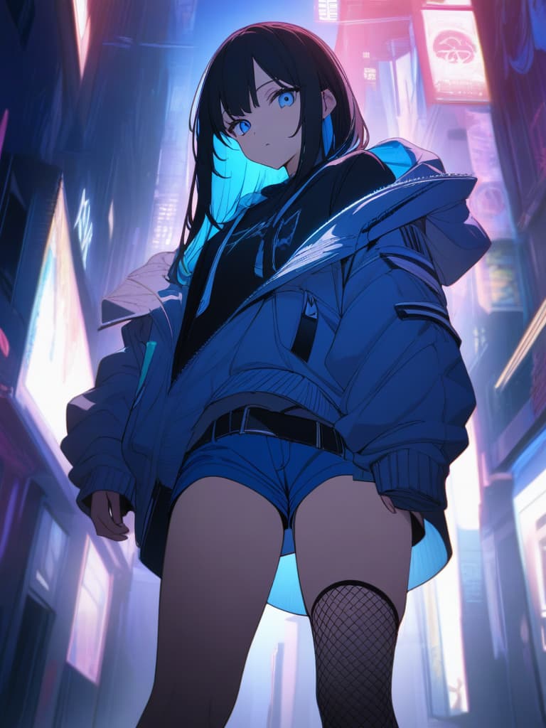  Fashionable,black hair,long black hair,long hair,blue eyes,blue inner color,cyberpunk,street fashion,crayed white hoodie,big s,black inner,,fishnet tights,blue shorts,projecting from the knee,night city,Aori composition,beautiful,beautiful ,silver decoration,black belt,,expressionless,fashionable,ultra detailed,best shadow,cute and beautiful face,(masterpiece:1.2),(best quality:1.2),detailed background,high contrast,(best illumination,an extremely delicate and beautiful),((cinematic light)),hyper detail,dramatic light,intricate details,8k,anime,very aesthetic, masterpiece, best quality,8k,ultra detailed,high resolution,an extremely delicate and beautiful,hyper detail