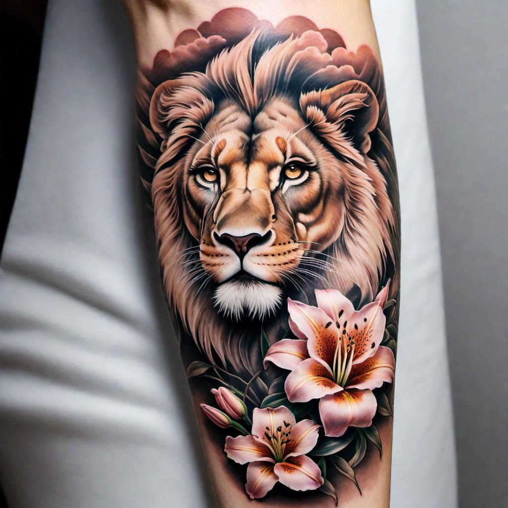  Tattoo for right forearm symbolizing a dad lion protecting his daughter cub, with lilies and clouds in the background. The design should showcase the father lion in a protective stance with a young cub close by, surrounded by detailed lilies and soft, ethereal clouds, creating a sense of beauty and protection. hyperrealistic, full body, detailed clothing, highly detailed, cinematic lighting, stunningly beautiful, intricate, sharp focus, f/1. 8, 85mm, (centered image composition), (professionally color graded), ((bright soft diffused light)), volumetric fog, trending on instagram, trending on tumblr, HDR 4K, 8K