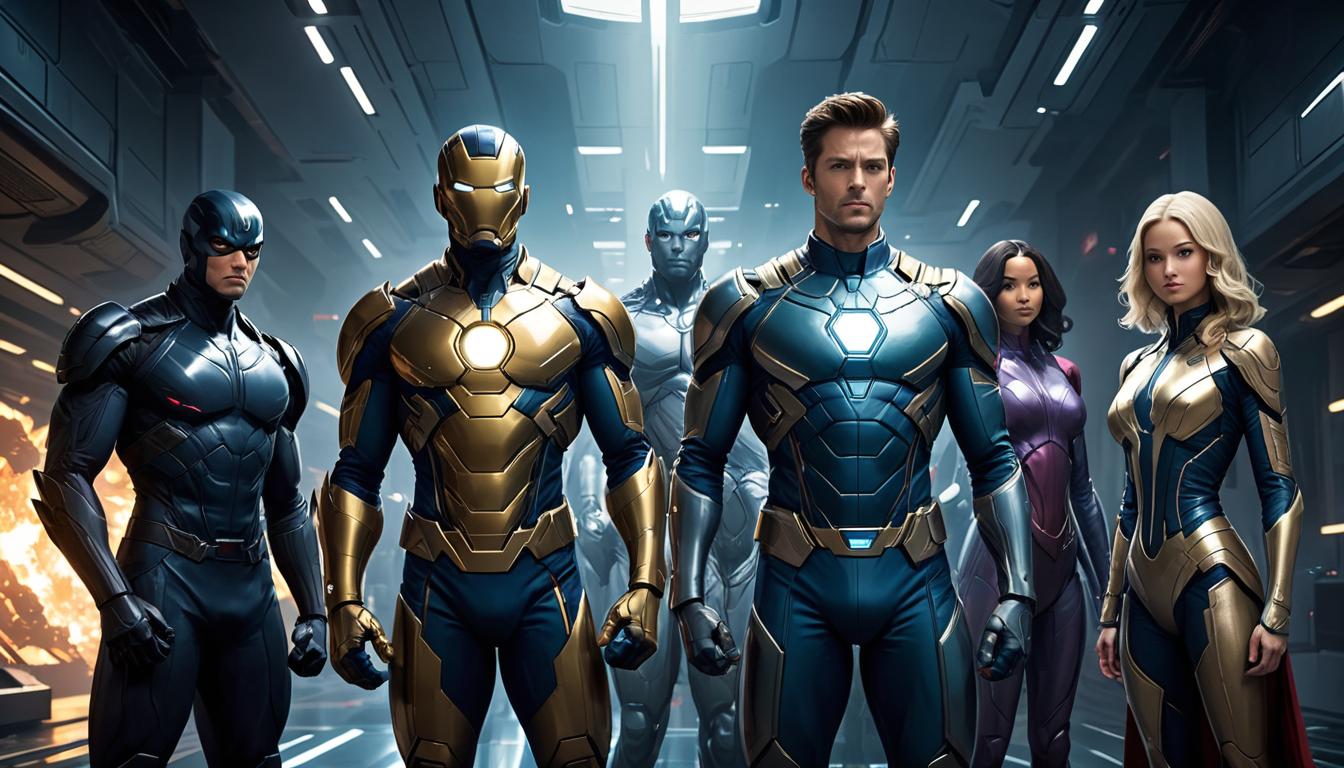  assembly of enlightened beings, various dimensions, preserving peace, fostering growth, radiant, multi dimensional, dynamic, high tech clothing clad in sleek, futuristic costume with metallic accents and form fitting designs, marvel superhero comics style, unreal engine rendering