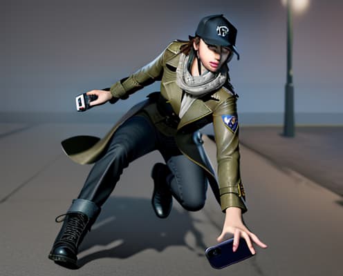  masterpiece, best quality, best quality, Female, genderswap, city, night, trench coat, boots, baseball hat, detective, Aiden Pearce, Watch dogs, scarf, running from police, holding smartphone.