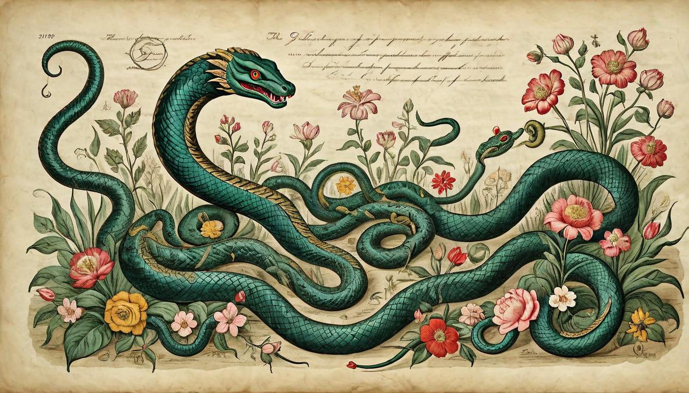  on parchment, surrealism+++, A garden flourishing with serpents, each serpent with eyes of jealousy, lurking among blossoms, poisonous intentions, captivating yet dangerous, sinister beauty(mysterious, provocative, symbolic,muted color)+++