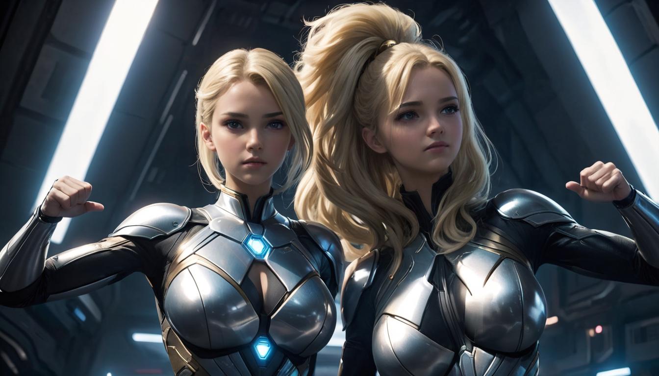  2girls, large busted attractive blonde arian female humanoids, firm expressions, hands raised, shining with light, determined atmosphere, high tech clothing clad in sleek, futuristic costume with metallic accents and form fitting designs, marvel superhero comics style, unreal engine rendering