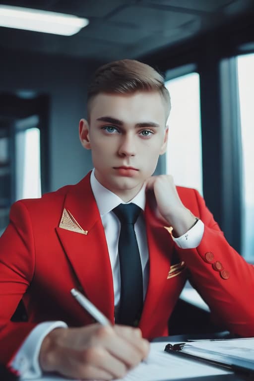  Cly handsome Russian boy in a red Official suit in the office, photo, cinematic