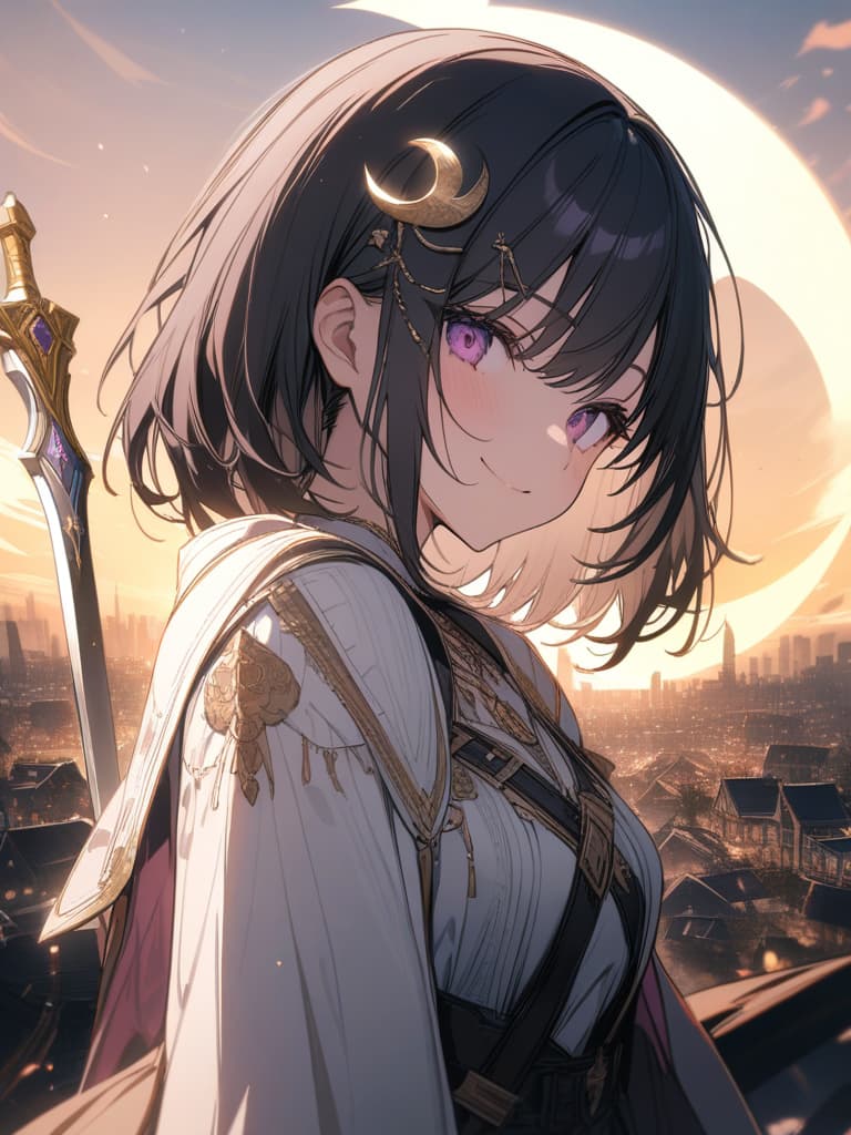  Holy sword,golden sword,burning city,smile,sword raised,golden light,Excalibur,cool girl,Black hair,(purple eyes),short,cropped hair,crescent moon hair ornament, masterpiece, best quality,8k,ultra detailed,high resolution,an extremely delicate and beautiful,hyper detail