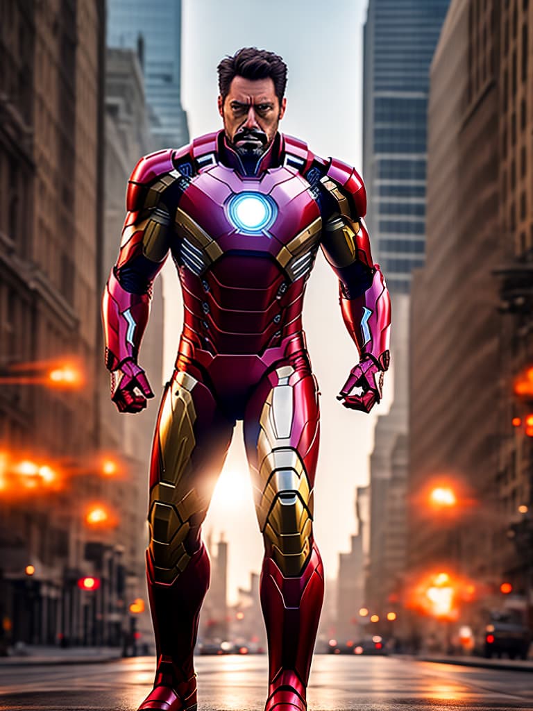  ironman tony stark in cinematic poster hyperrealistic, full body, detailed clothing, highly detailed, cinematic lighting, stunningly beautiful, intricate, sharp focus, f/1. 8, 85mm, (centered image composition), (professionally color graded), ((bright soft diffused light)), volumetric fog, trending on instagram, trending on tumblr, HDR 4K, 8K