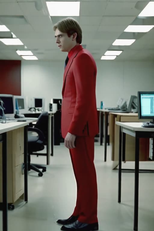  Cly handsome Russian boy Medium Long in a red Official suit Winter in the office, , b horror film screencap