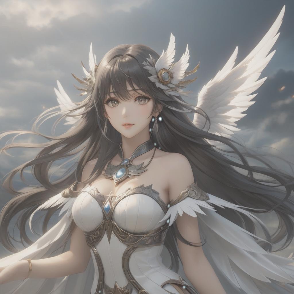  The goddess of wind and freedom. Dark long hair with bangs, white wings, gray eyes, slim body. hyperrealistic, full body, detailed clothing, highly detailed, cinematic lighting, stunningly beautiful, intricate, sharp focus, f/1. 8, 85mm, (centered image composition), (professionally color graded), ((bright soft diffused light)), volumetric fog, trending on instagram, trending on tumblr, HDR 4K, 8K