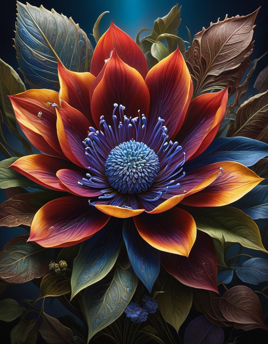  Digital painting with oils, a flower grows from the ground with seven large petals of different colors: blue, yellow, red, green, violet, white, and brown, the painting style is fantasy art, surrounded by many intricate patterns with small but clearly drawn fairy tale details, from the flower, there is a small blue glow. hyperrealistic, full body, detailed clothing, highly detailed, cinematic lighting, stunningly beautiful, intricate, sharp focus, f/1. 8, 85mm, (centered image composition), (professionally color graded), ((bright soft diffused light)), volumetric fog, trending on instagram, trending on tumblr, HDR 4K, 8K