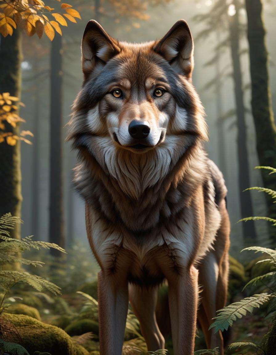  hyperrealistic art brown wolf, full grown, forest, fantasy, UHD [English Translation] . extremely high resolution details, photographic, realism pushed to extreme, fine texture, incredibly lifelike hyperrealistic, full body, detailed clothing, highly detailed, cinematic lighting, stunningly beautiful, intricate, sharp focus, f/1. 8, 85mm, (centered image composition), (professionally color graded), ((bright soft diffused light)), volumetric fog, trending on instagram, trending on tumblr, HDR 4K, 8K