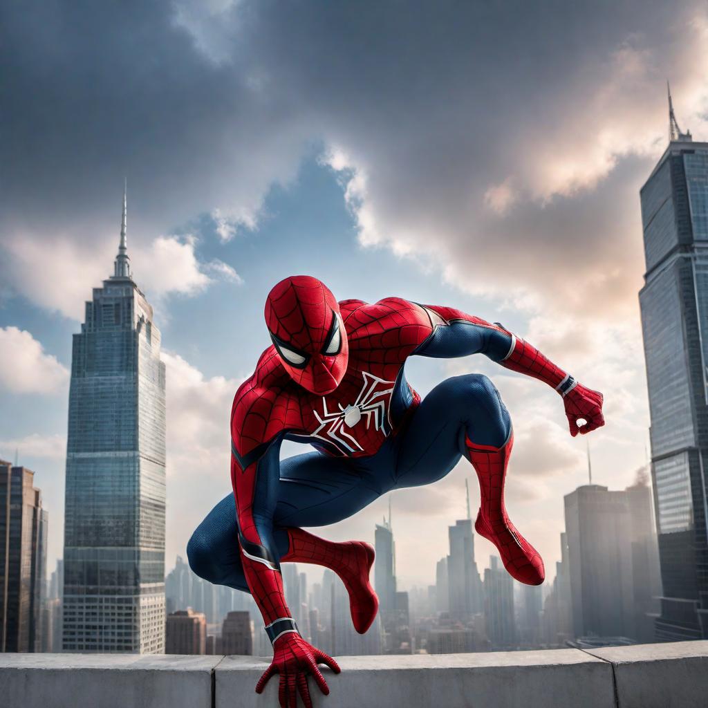  Spiderman in an all-white suit fighting against an unseen opponent, set in an urban cityscape with skyscrapers and a dramatic sky hyperrealistic, full body, detailed clothing, highly detailed, cinematic lighting, stunningly beautiful, intricate, sharp focus, f/1. 8, 85mm, (centered image composition), (professionally color graded), ((bright soft diffused light)), volumetric fog, trending on instagram, trending on tumblr, HDR 4K, 8K