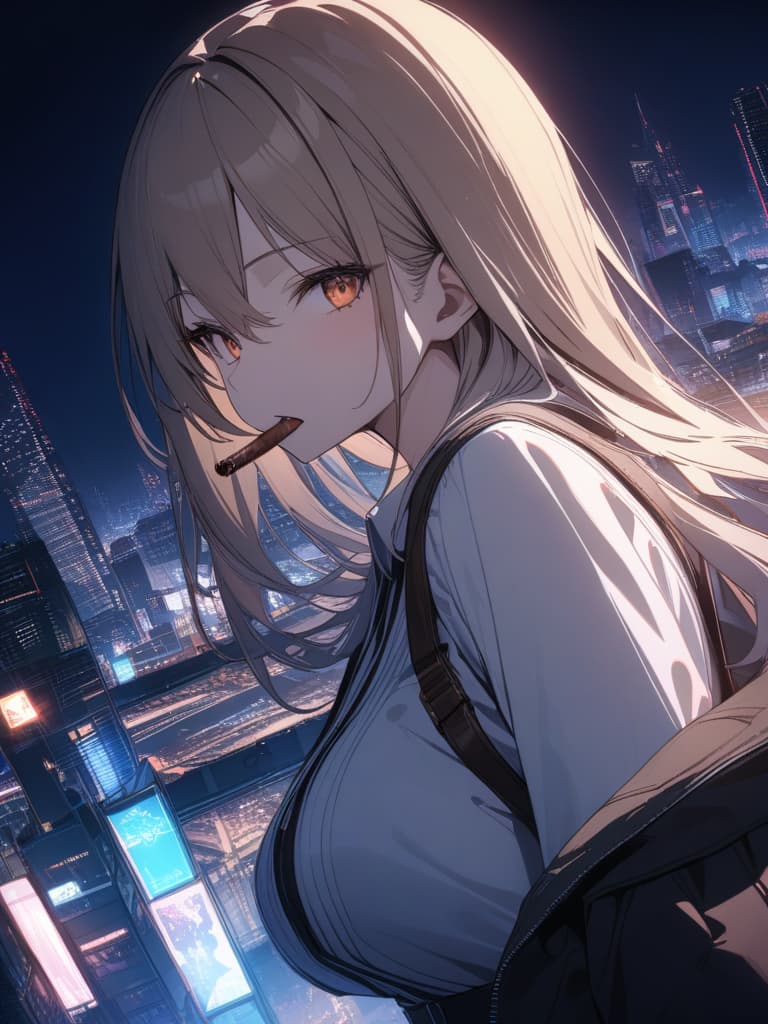  Blonde, woman, cool, night city, cigar, masterpiece, best quality,8k,ultra detailed,high resolution,an extremely delicate and beautiful,hyper detail