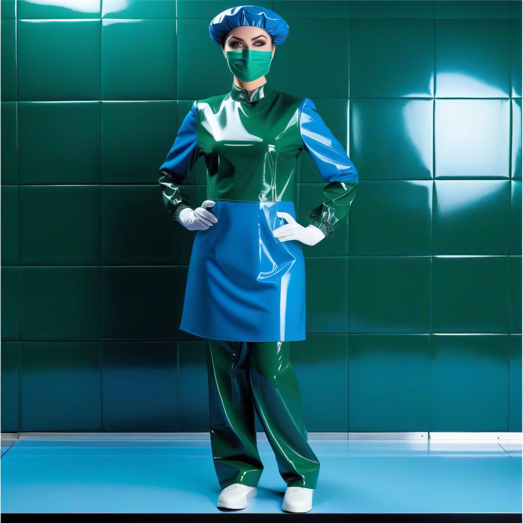  woman surgeon, wearing a shower beret made of two colors glossy latex, the upper part of the beret with a rounded dome in the shape of a mushroom, elongated with folds, made of glossy dark blue latex, the lower part of the beret with folds on an elastic band, glossy. dark green latex, shower beret is divided horizontally into two parts, shower cap covers hair, ears and forehead, framing the face hyperrealistic, full body, detailed clothing, highly detailed, cinematic lighting, stunningly beautiful, intricate, sharp focus, f/1. 8, 85mm, (centered image composition), (professionally color graded), ((bright soft diffused light)), volumetric fog, trending on instagram, trending on tumblr, HDR 4K, 8K