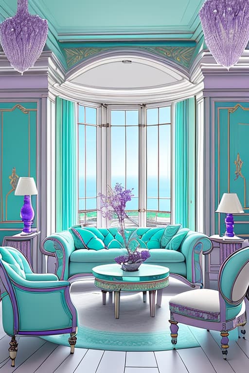  neoclassical interior with purple and turquoise accents, handmade furniture, round window, sea view outside