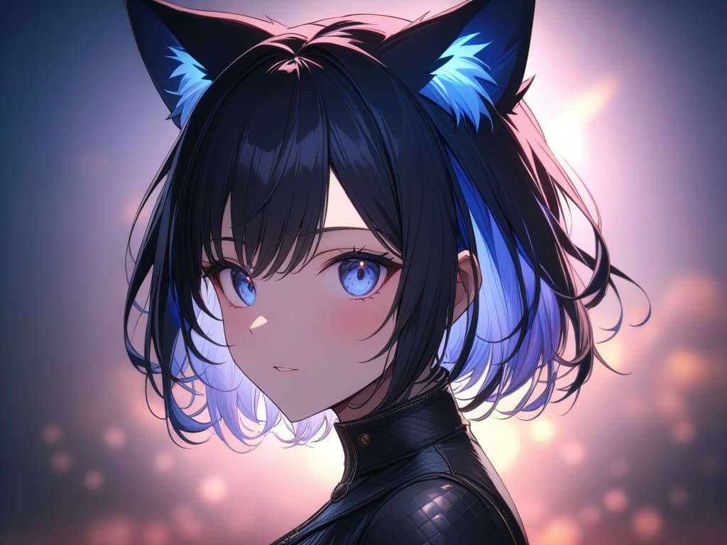  Short hair, light blue mesh, , cat ears, jit, light blue eyes, big s, dark blue hair, light blue inner color, , masterpiece, best quality,8k,ultra detailed,high resolution,an extremely delicate and beautiful,hyper detail hyperrealistic, full body, detailed clothing, highly detailed, cinematic lighting, stunningly beautiful, intricate, sharp focus, f/1. 8, 85mm, (centered image composition), (professionally color graded), ((bright soft diffused light)), volumetric fog, trending on instagram, trending on tumblr, HDR 4K, 8K