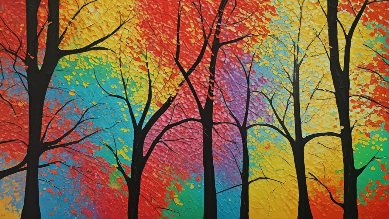  abstract painting of a colorful tree and leaves