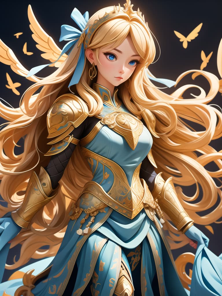  front view, , , photorealistic, raw photo, (1girl, looking at viewer), long hair, blond, cloth, angelic armor, minimal armor, delicate blue ribbons, intricate filigree, black metalic parts, detailed part, dynamic pose, detailed background, dynamic lighting,(textured skin:1.3)