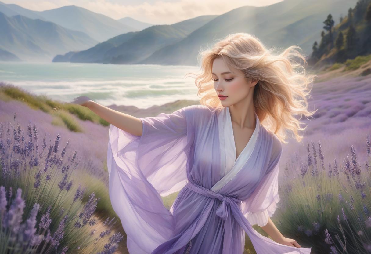  concept art Watercolor masterpiece painting with lavender flowers in a mixed style by Abe Toshiyuki, Steve Hanks and Luis Roof a delightfully beautiful with luxurious golden hair, charming face, friendly gaze, slightly smiling, dressed in a translucent robe. The wind ly ruffles her hair and tries to open her robe. Mischievous curved pose, cheerful mood. In the background, a lavender field, a seashore and mountains in the distance are blurred. View from the bottom point. Intricate, elegant drawing with thin lines in colored ink and beige, pink, blue green and lavender watercolor, on , textured paper, super realism, ultra detail, modern fine art, 8K. . digital artwork, ilrative, painterly, matte painting, high hyperrealistic, full body, detailed clothing, highly detailed, cinematic lighting, stunningly beautiful, intricate, sharp focus, f/1. 8, 85mm, (centered image composition), (professionally color graded), ((bright soft diffused light)), volumetric fog, trending on instagram, trending on tumblr, HDR 4K, 8K