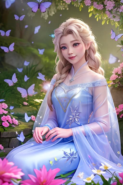  A highly detailed and realistic photo in the style of Disney, featuring a character resembling young Elsa. The image shows young Elsa wearing a Nike logo pink sweat shirts,surrounded by glowing flowers. She is sitting on a petal strewn ledge in a magical, dreamy environment. The scene is illuminated with soft, mystical light, creating an enchanting and whimsical atmosphere. Elsa's expression is filled with wonder and joy as she interacts with the butterflies. The background is softly blurred to keep the focus on Elsa and the flowers. hyperrealistic, full body, detailed clothing, highly detailed, cinematic lighting, stunningly beautiful, intricate, sharp focus, f/1. 8, 85mm, (centered image composition), (professionally color graded), ((bright soft diffused light)), volumetric fog, trending on instagram, trending on tumblr, HDR 4K, 8K