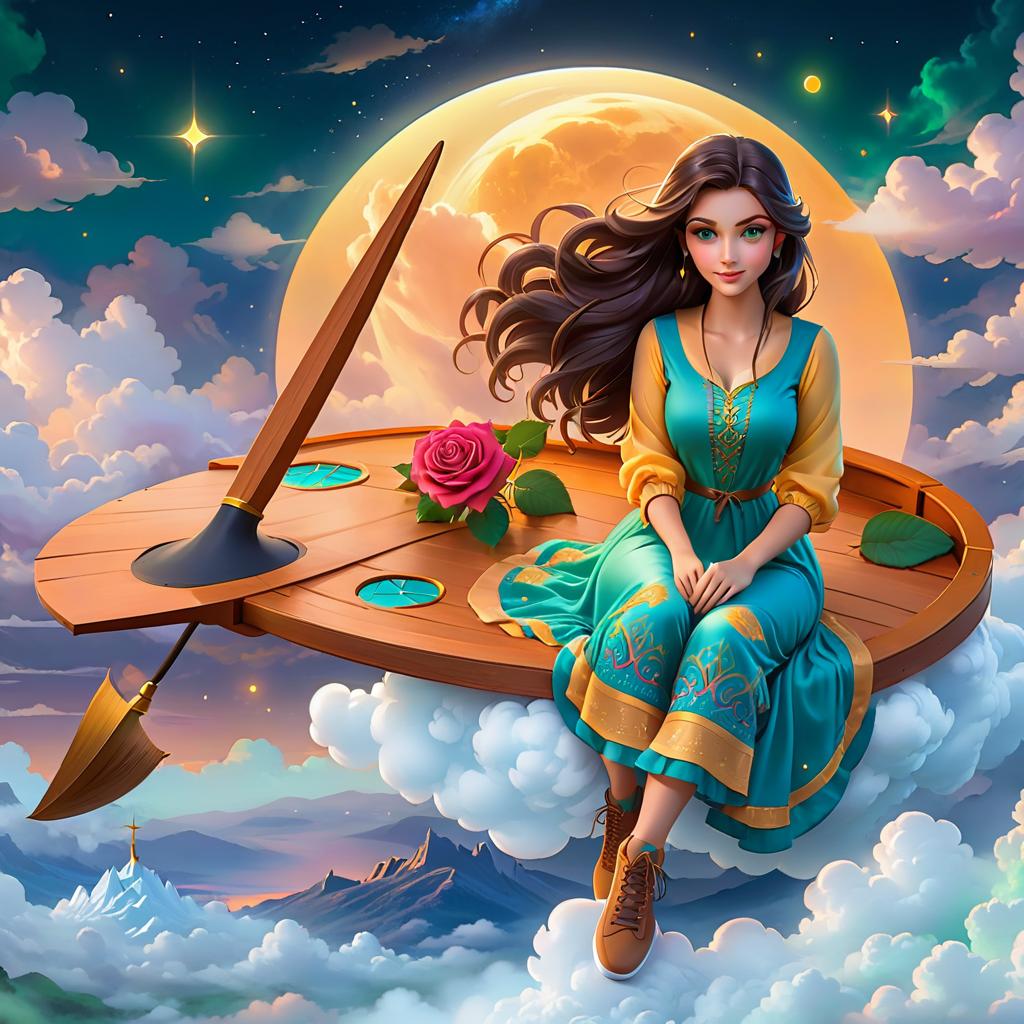  ethereal fantasy concept art of (Background):night sky, stars, clouds, spires of buildings, roofs of houses. A palette of colours with a brush is floating in the clouds. On the palette sits a girl. (Girl description of appearance): long dark hair, green eyes. She is wearing a gold shirt and a blue sundress with roses. On her feet trainers. (Style):fantasy, sticker, cartoon, character, digital art . magnificent, celestial, ethereal, painterly, epic, majestic, magical, fantasy art, cover art, dreamy, STICKER, hkmagic, LOGO hyperrealistic, full body, detailed clothing, highly detailed, cinematic lighting, stunningly beautiful, intricate, sharp focus, f/1. 8, 85mm, (centered image composition), (professionally color graded), ((bright soft diffused light)), volumetric fog, trending on instagram, trending on tumblr, HDR 4K, 8K