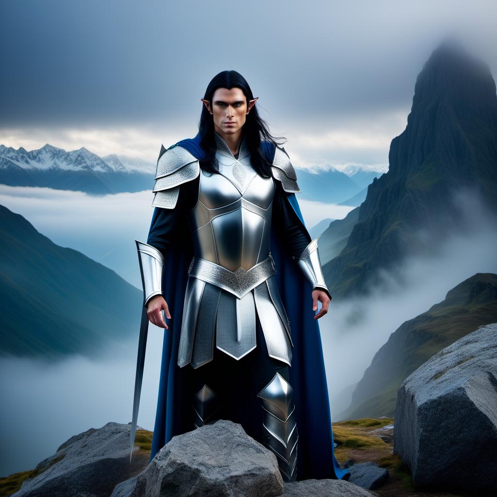  cinematic photo Beautiful, masculine, warrior elf man with long black hair, gray eyes, a narrow face, a scar on his face, wearing silver armor suits, blue cloak, a crown, standing tall against the backdrop of misty mountains. . 35mm photograph, film, bokeh, professional, 4k, highly detailed hyperrealistic, full body, detailed clothing, highly detailed, cinematic lighting, stunningly beautiful, intricate, sharp focus, f/1. 8, 85mm, (centered image composition), (professionally color graded), ((bright soft diffused light)), volumetric fog, trending on instagram, trending on tumblr, HDR 4K, 8K