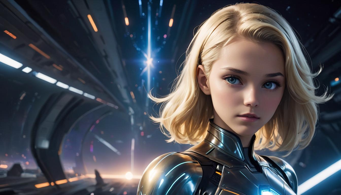  1girl, large busted attractive blonde arian female humanoid, serene, supported by cosmic forces, star filled background, high tech clothing clad in sleek, futuristic costume with metallic accents and form fitting designs, marvel superhero comics style, unreal engine rendering