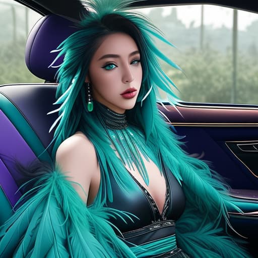  interior car with black leather seats, in front seat sitting a lady character design, feathers top and long dress made bit purple, dark blue green, turquoise