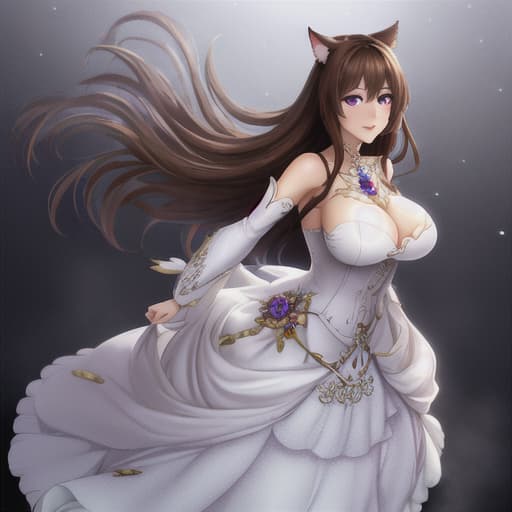  Cat girl, brown hair, purple eyes with white dress. hyperrealistic, full body, detailed clothing, highly detailed, cinematic lighting, stunningly beautiful, intricate, sharp focus, f/1. 8, 85mm, (centered image composition), (professionally color graded), ((bright soft diffused light)), volumetric fog, trending on instagram, trending on tumblr, HDR 4K, 8K