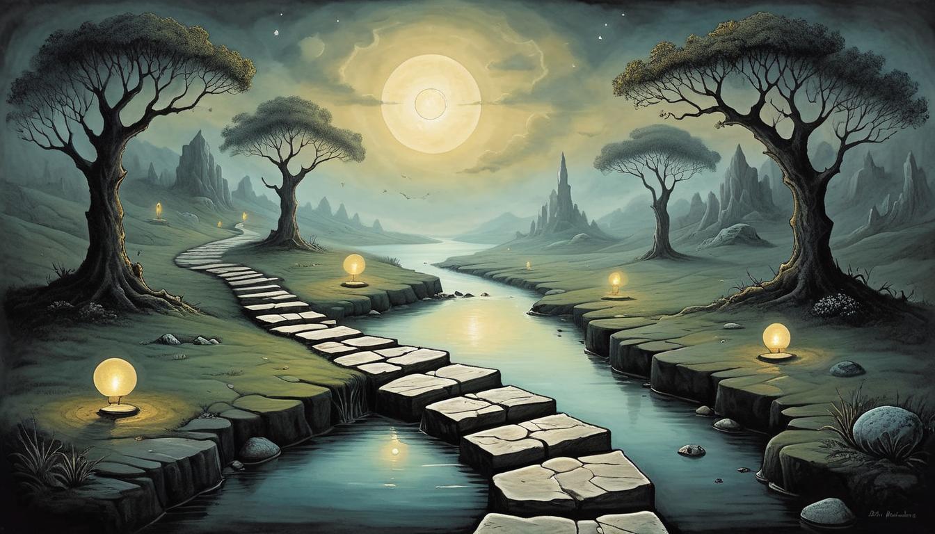  on parchment, surrealism+++, Stepping stones in a serene yet dark landscape, leading towards a faint, glowing horizon, symbolic of setbacks as steps to wisdom, journey through adversity, growth, hope(mysterious, provocative, symbolic,muted color)+++