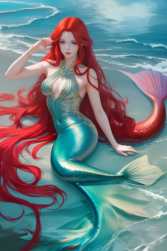  Red hair, long hair, mermaid, seaside, fantasy, light system