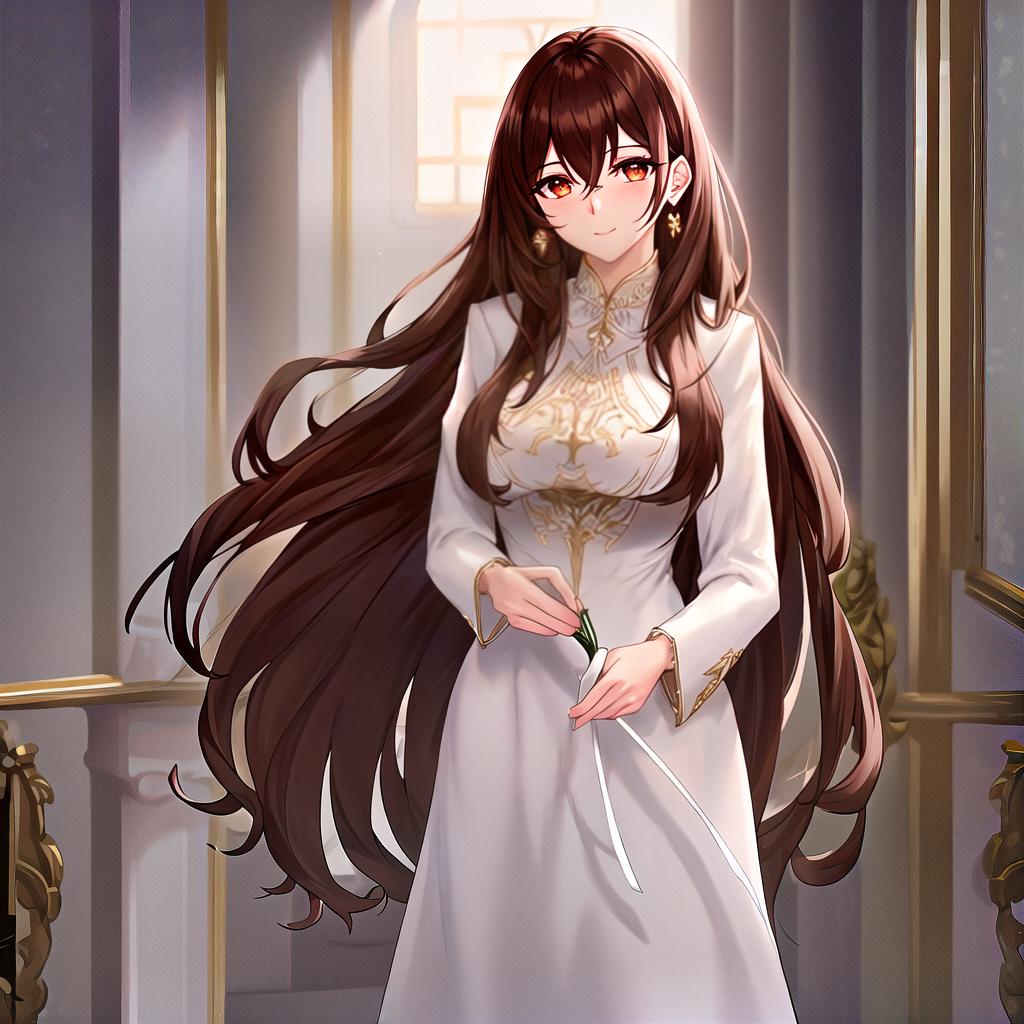  (masterpiece, best quality),long hair, brown hair, plant, looking at viewer, brown eyes, bag, white coat, long sleeves, indoors, holding, bangs, coat, solo focus, dress, standing,, white dress, 1girl, jewelry, earrings, hair between eyes, open clothes hyperrealistic, full body, detailed clothing, highly detailed, cinematic lighting, stunningly beautiful, intricate, sharp focus, f/1. 8, 85mm, (centered image composition), (professionally color graded), ((bright soft diffused light)), volumetric fog, trending on instagram, trending on tumblr, HDR 4K, 8K