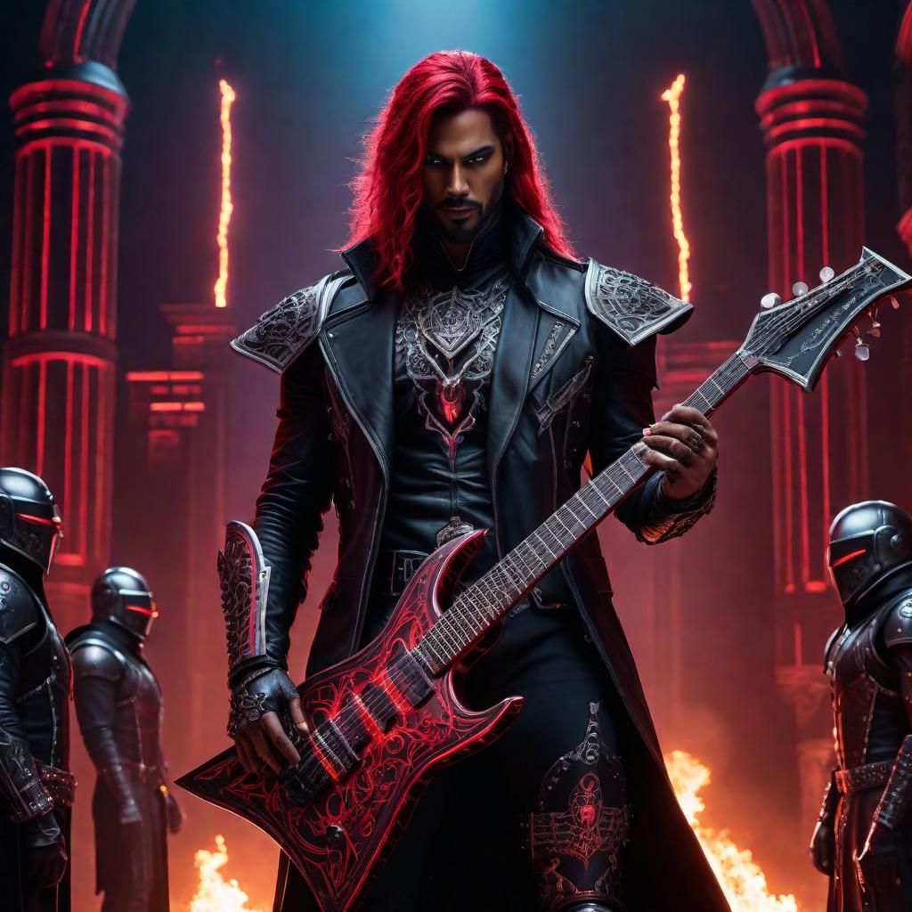  A modern, intense design that represents a heavy metal band with a role-playing theme. The scene features an electric guitar with fierce, neon flames, dramatic and dark stage lighting, and a gothic, futuristic castle in the background. Characters in modernized, edgy medieval attire (cyber knights, dark tech wizards) are playing instruments with an energetic and powerful stance, surrounding a glowing, high-tech microphone. The color scheme includes bold blacks, dark reds, metallics, and neon accents to evoke the raw energy and intensity of heavy metal mixed with the mystique and innovation of role-playing. hyperrealistic, full body, detailed clothing, highly detailed, cinematic lighting, stunningly beautiful, intricate, sharp focus, f/1. 8, 85mm, (centered image composition), (professionally color graded), ((bright soft diffused light)), volumetric fog, trending on instagram, trending on tumblr, HDR 4K, 8K