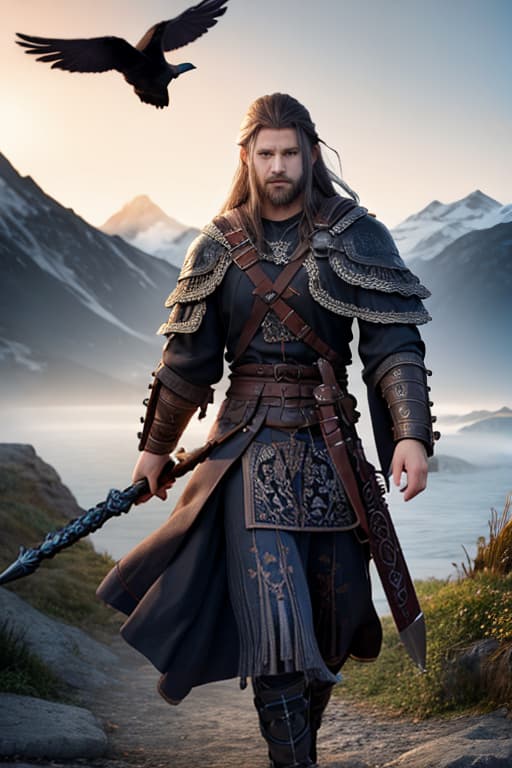  Scary Viking warrior walking away from Viking ship. He has Viking ornamental tattoos and holding a viking axe in his right hand. The background is mountains and pinewood scenery. Two crows are flying in the sky hyperrealistic, full body, detailed clothing, highly detailed, cinematic lighting, stunningly beautiful, intricate, sharp focus, f/1. 8, 85mm, (centered image composition), (professionally color graded), ((bright soft diffused light)), volumetric fog, trending on instagram, trending on tumblr, HDR 4K, 8K