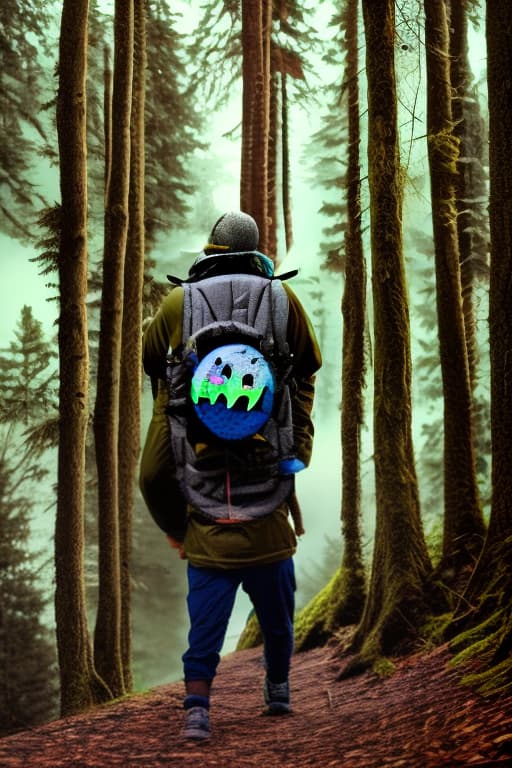 wa-vy style Scary images hiker in forest with ghosts