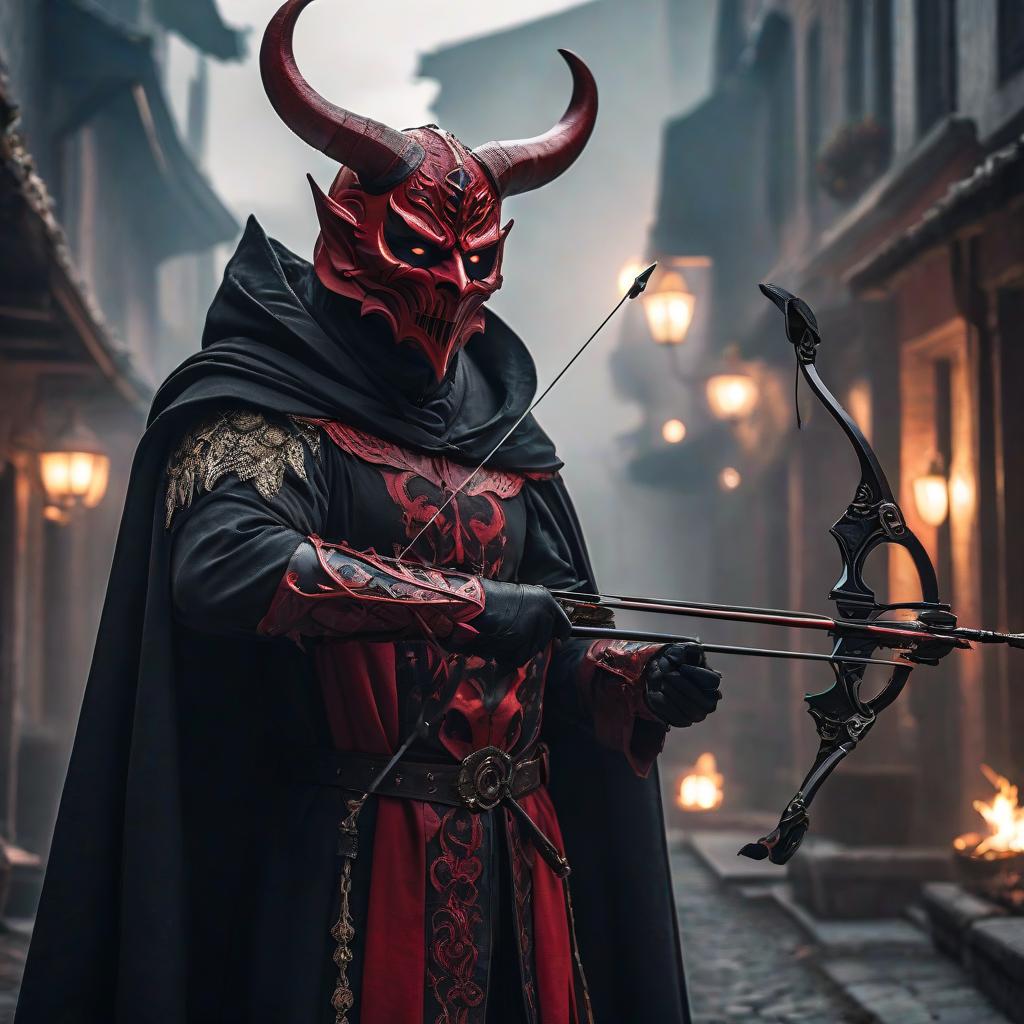  A man in a red demon mask with a crossbow in his hands and wearing a black cloak. hyperrealistic, full body, detailed clothing, highly detailed, cinematic lighting, stunningly beautiful, intricate, sharp focus, f/1. 8, 85mm, (centered image composition), (professionally color graded), ((bright soft diffused light)), volumetric fog, trending on instagram, trending on tumblr, HDR 4K, 8K