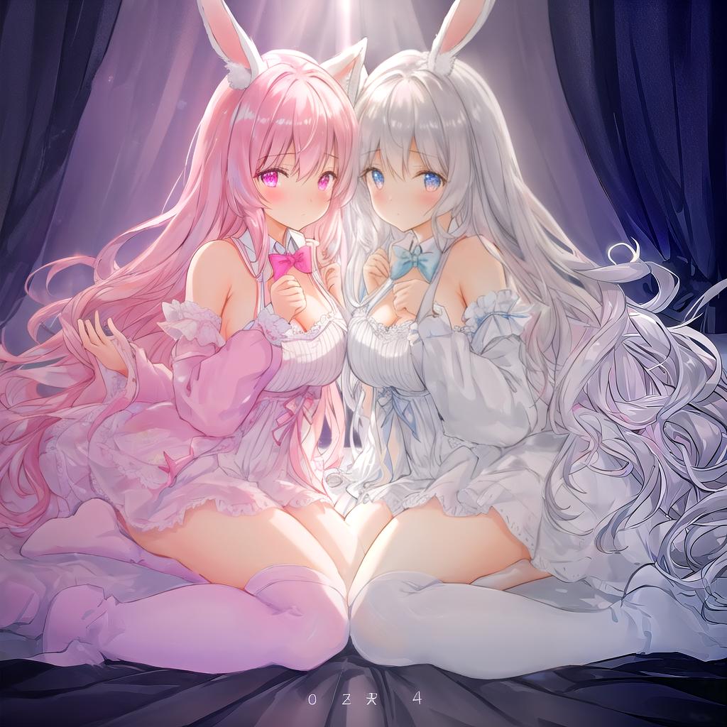  beautiful ilration, best quality, cute , bedroom, pastel color, fluffy bunny ears, , silver long hair, rabbit stuffed toy, bright lighting, light pink eyes hyperrealistic, full body, detailed clothing, highly detailed, cinematic lighting, stunningly beautiful, intricate, sharp focus, f/1. 8, 85mm, (centered image composition), (professionally color graded), ((bright soft diffused light)), volumetric fog, trending on instagram, trending on tumblr, HDR 4K, 8K