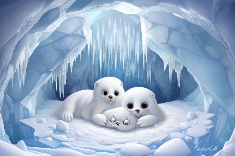  Highly detailed painting of cute furry white baby seals cuddled up inside snowy fantasy ice crystal cavern