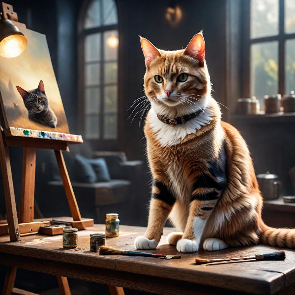  A cat is painting. hyperrealistic, full body, detailed clothing, highly detailed, cinematic lighting, stunningly beautiful, intricate, sharp focus, f/1. 8, 85mm, (centered image composition), (professionally color graded), ((bright soft diffused light)), volumetric fog, trending on instagram, trending on tumblr, HDR 4K, 8K