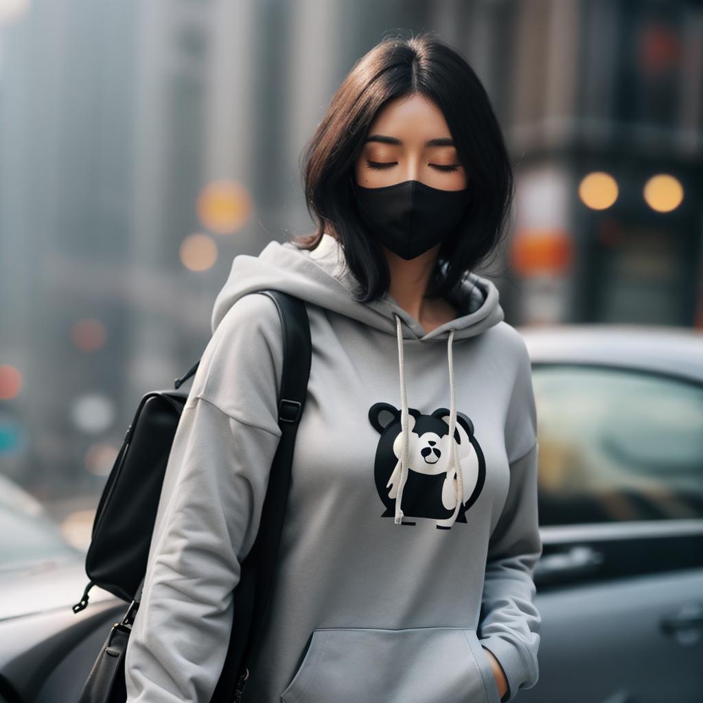  A digital artwork depicting a young person with short dark hair, wearing a black face mask, a light gray hoodie with a stylized bear graphic, and a black shoulder bag. The character's eyes are closed, and they have a serene expression. The background is dark, enhancing the contrast and making the character stand out. The overall style is modern and clean, with smooth shading and a slightly muted color palette. hyperrealistic, full body, detailed clothing, highly detailed, cinematic lighting, stunningly beautiful, intricate, sharp focus, f/1. 8, 85mm, (centered image composition), (professionally color graded), ((bright soft diffused light)), volumetric fog, trending on instagram, trending on tumblr, HDR 4K, 8K