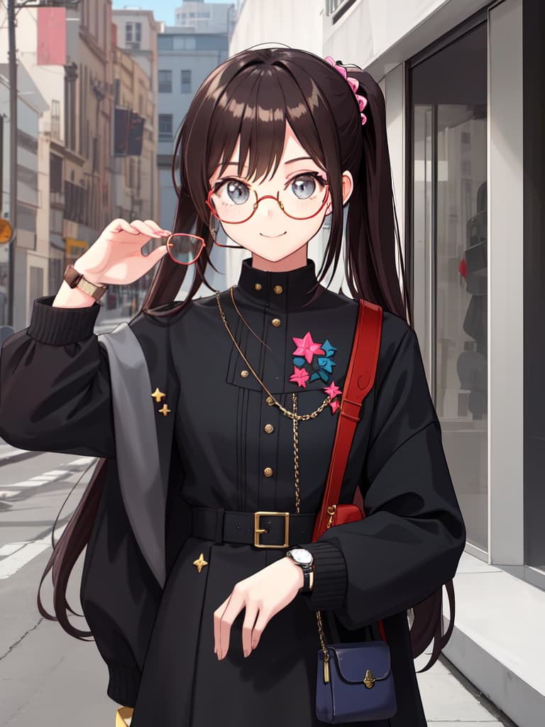  Stylish glasses girls, modern coordinates, ponytails, margin smiles, towns, handbacks, watches, masterpiece, best quality,8k,ultra detailed,high resolution,an extremely delicate and beautiful,hyper detail