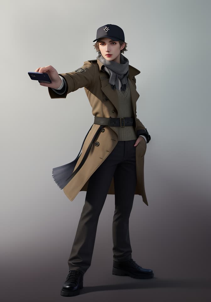  masterpiece, best quality, Best quality, female, genderswap, trench coat, scarf, baseball cap, night, Adrien Pearce, Watch Dogs, holding smartphone, dynamic pose.