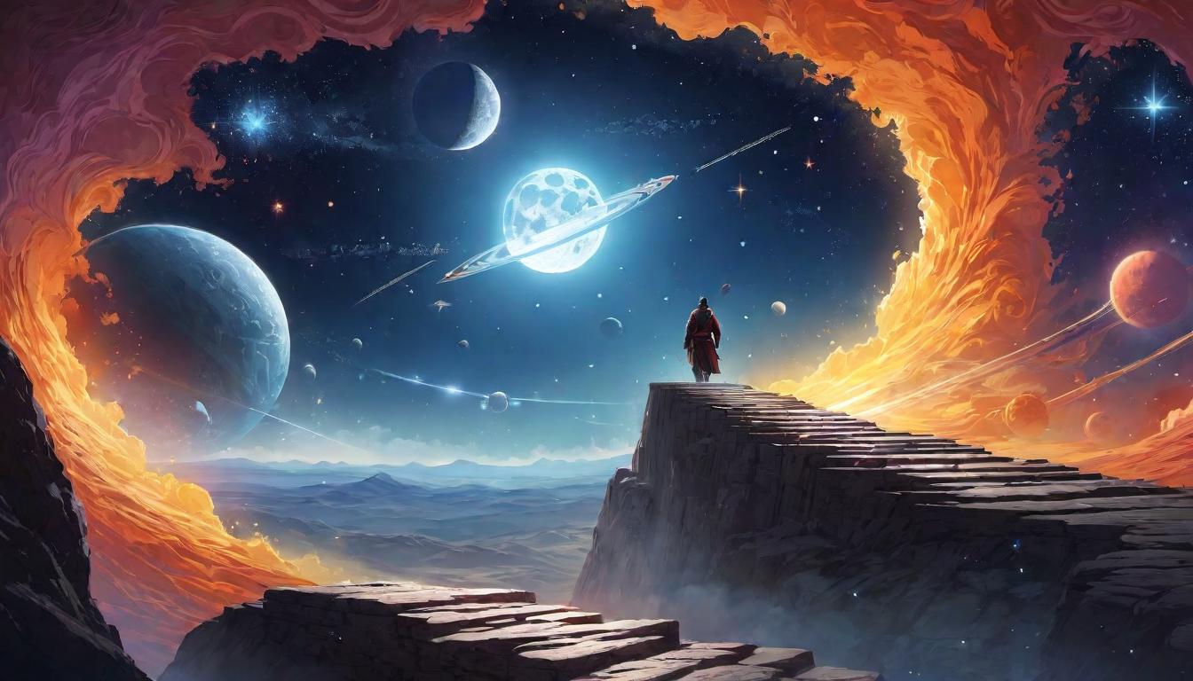  digital illustration, Person taking a bold step forward on a path of light, background of celestial bodies, firm stride, higher purpose, looking at viewer, dynamic pose, (intricate details, masterpiece, best quality)