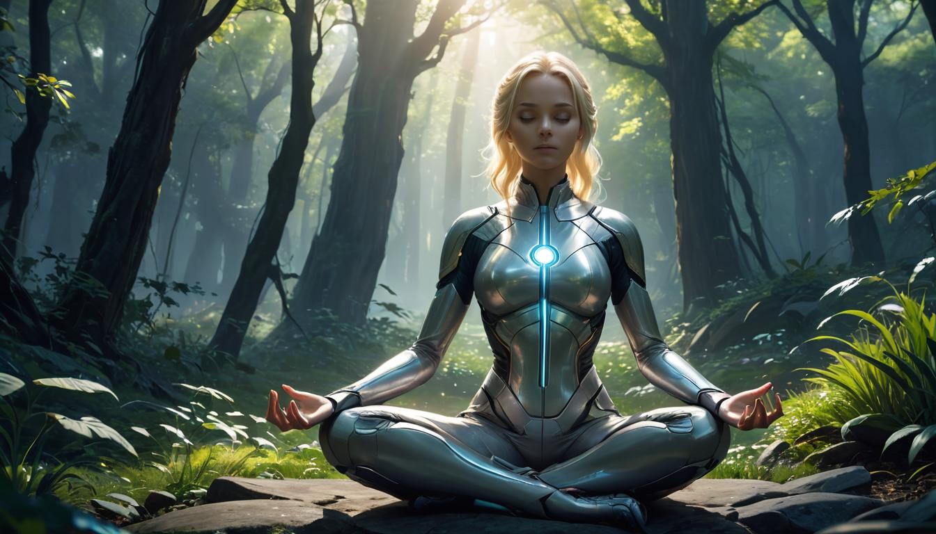  1girl, large busted attractive blonde arian female humanoid, meditating in nature, inner light glowing, serene, high tech clothing clad in sleek, futuristic costume with metallic accents and form fitting designs, marvel superhero comics style, unreal engine rendering