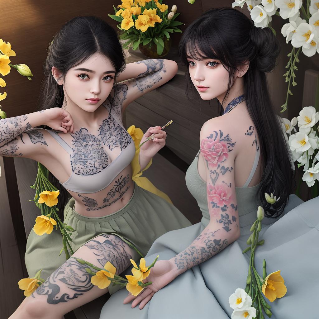  masterpiece, best quality, Best quality, masterpiece tatto, delecate drawing of freesia flowers tattoo, 2 of the flowers half open and 3 closed, fowwed by the stem writing in coneria script style the word Marmie.