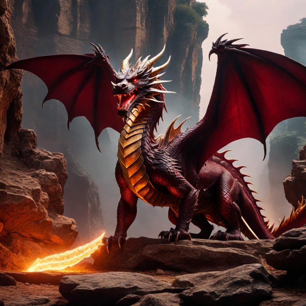  A majestic and ancient dragon, exuding wisdom and power. Its scales are a blending of deep reds and golds, with a texture that appears both worn and impenetrable from centuries of existence. The dragon's eyes are piercing and filled with knowledge, while its long, sinuous body coils around ancient, crumbling ruins. The backdrop is a dimly lit cave with glowing crystals protruding from the walls, casting an ethereal light on the dragon's powerful wings and sharp claws. hyperrealistic, full body, detailed clothing, highly detailed, cinematic lighting, stunningly beautiful, intricate, sharp focus, f/1. 8, 85mm, (centered image composition), (professionally color graded), ((bright soft diffused light)), volumetric fog, trending on instagram, trending on tumblr, HDR 4K, 8K