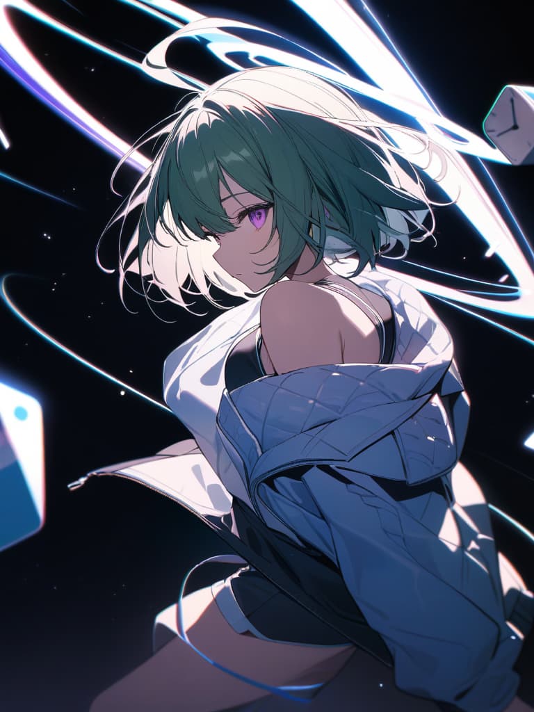  Solo,1girl,short hair,bob cut,ahoge,green hair,purple eyes,floating character,(clocks:1.2),jacket,off shoulder,long sleeves,from side,black background,dynamic lighting,light particles,(neon trails:1.2),shorts,, masterpiece, best quality,8k,ultra detailed,high resolution,an extremely delicate and beautiful,hyper detail