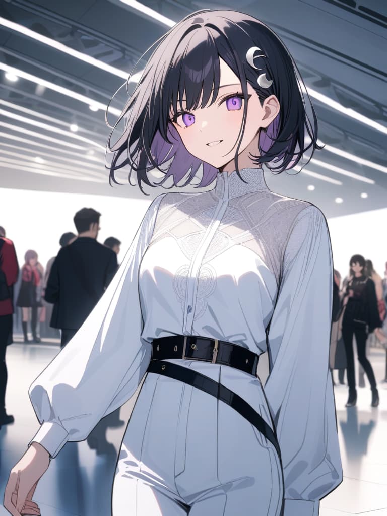  big Silver ,black belt,white pants ,Runway,fashion show road,Whole body,fashion show,,fashion show,model ,cool ,Black hair,(purple eyes),short,cropped hair,crescent moon hair ornament,smile, masterpiece, best quality,8k,ultra detailed,high resolution,an extremely delicate and beautiful,hyper detail